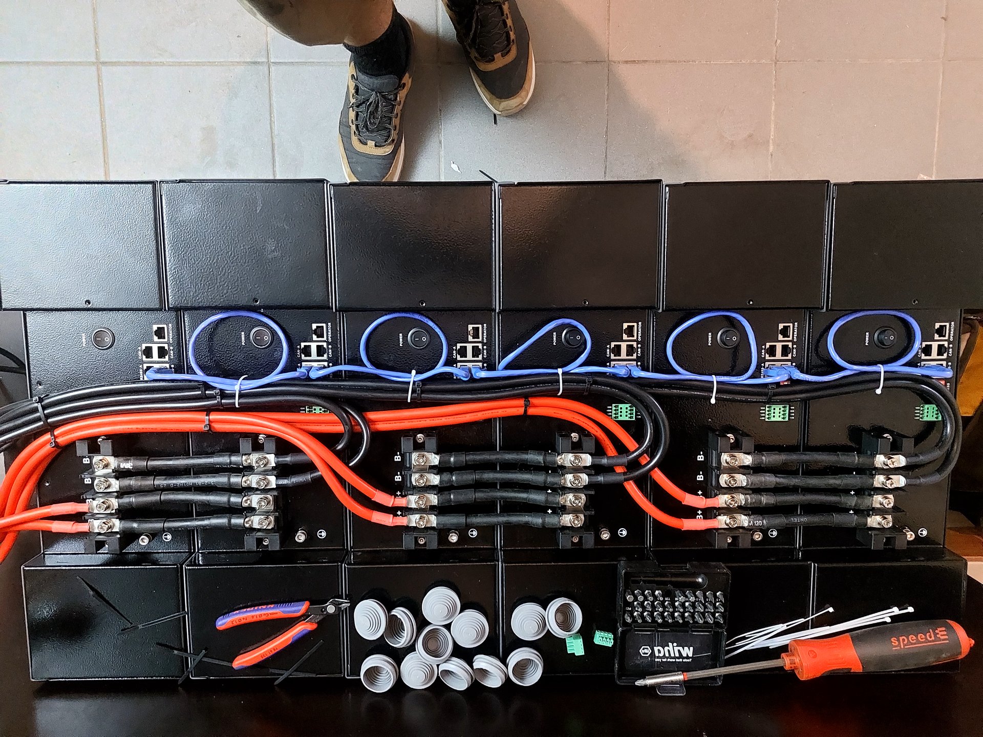 Battery modules torqued to spec and connected in a tidy way