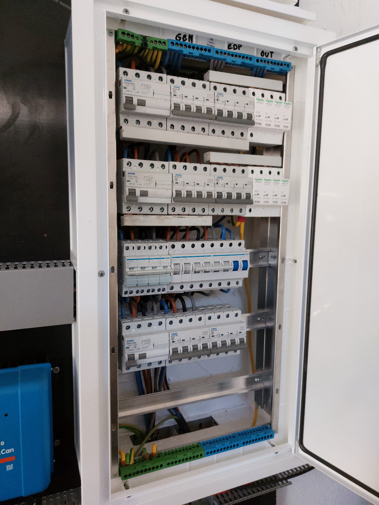 Main distribution board wired up: generator, grid and output circuits